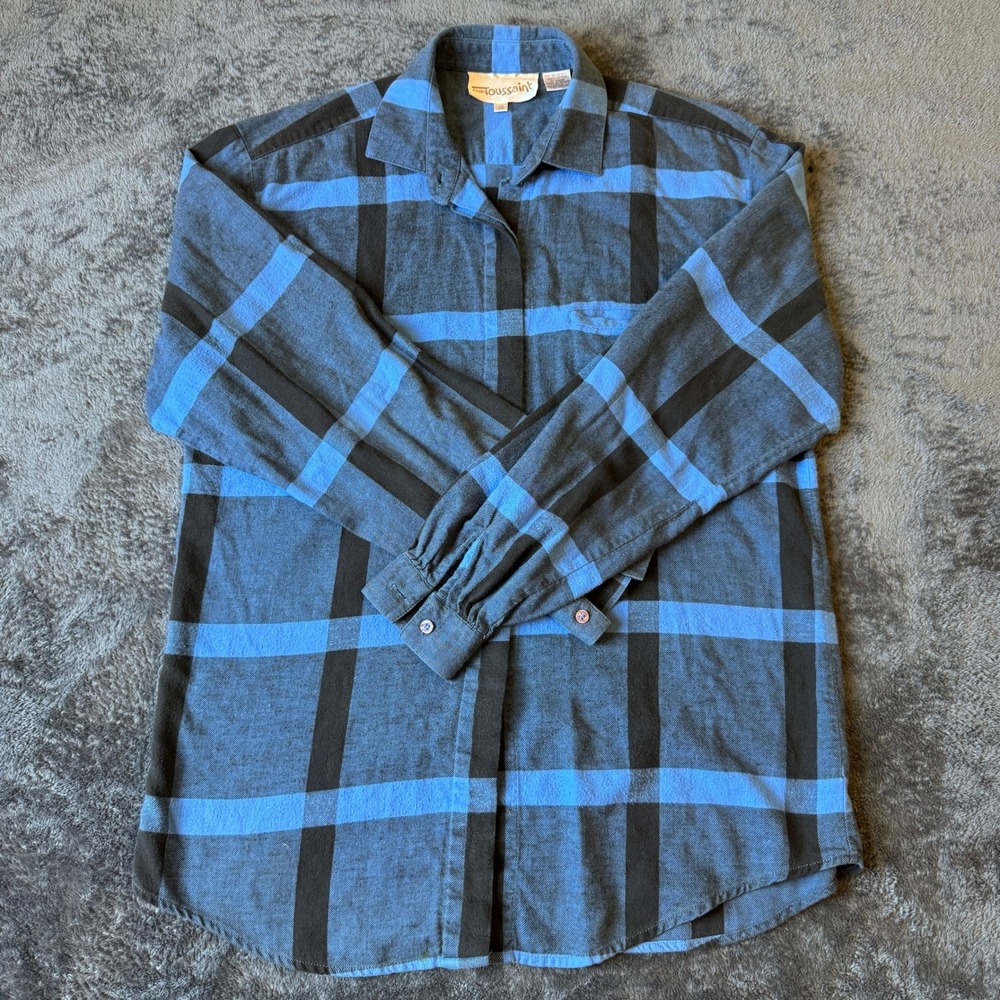 Vintage Adrienne Toussaint‎ Blue Plaid Button Down Shirt Long Sleeve Size 10